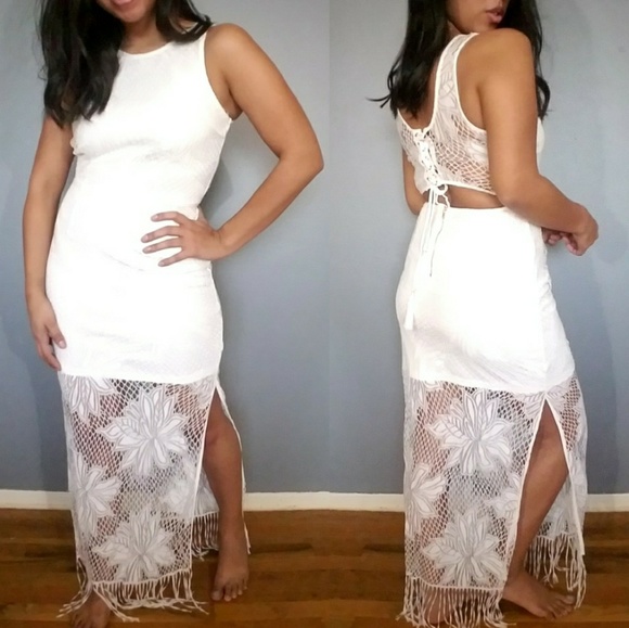 AUBREY OFF WHITE FRINGE MAXI DRESS - Picture 2 of 4